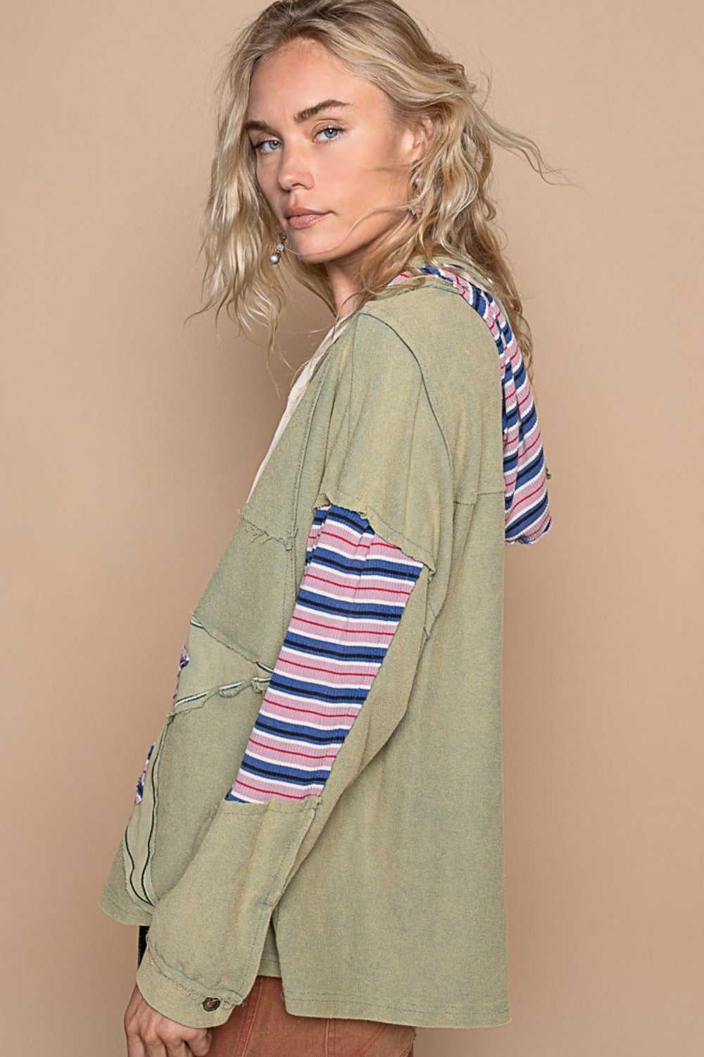 POL Star Patchwork Raw Edge French Terry Hoodie|Corner Stone Spa Boutique- Corner Stone Spa and Salon Boutique in Stoughton, Wisconsin