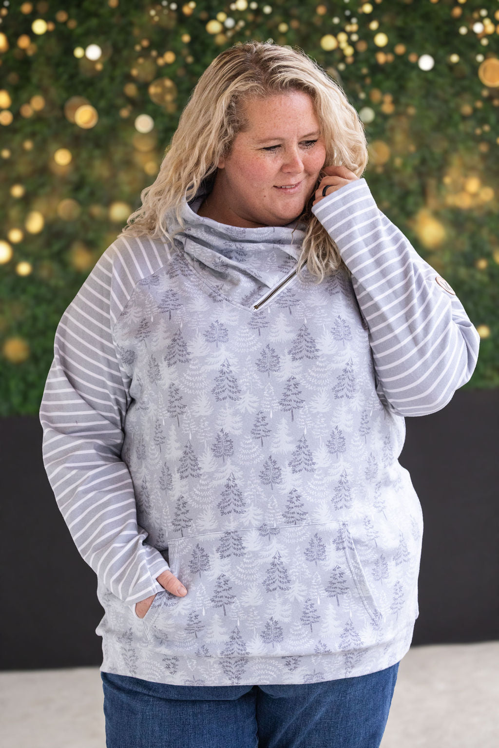 Classic Zoey ZipCowl Sweatshirt - Grey Trees and Stripes-Pullover- Corner Stone Spa and Salon Boutique in Stoughton, Wisconsin