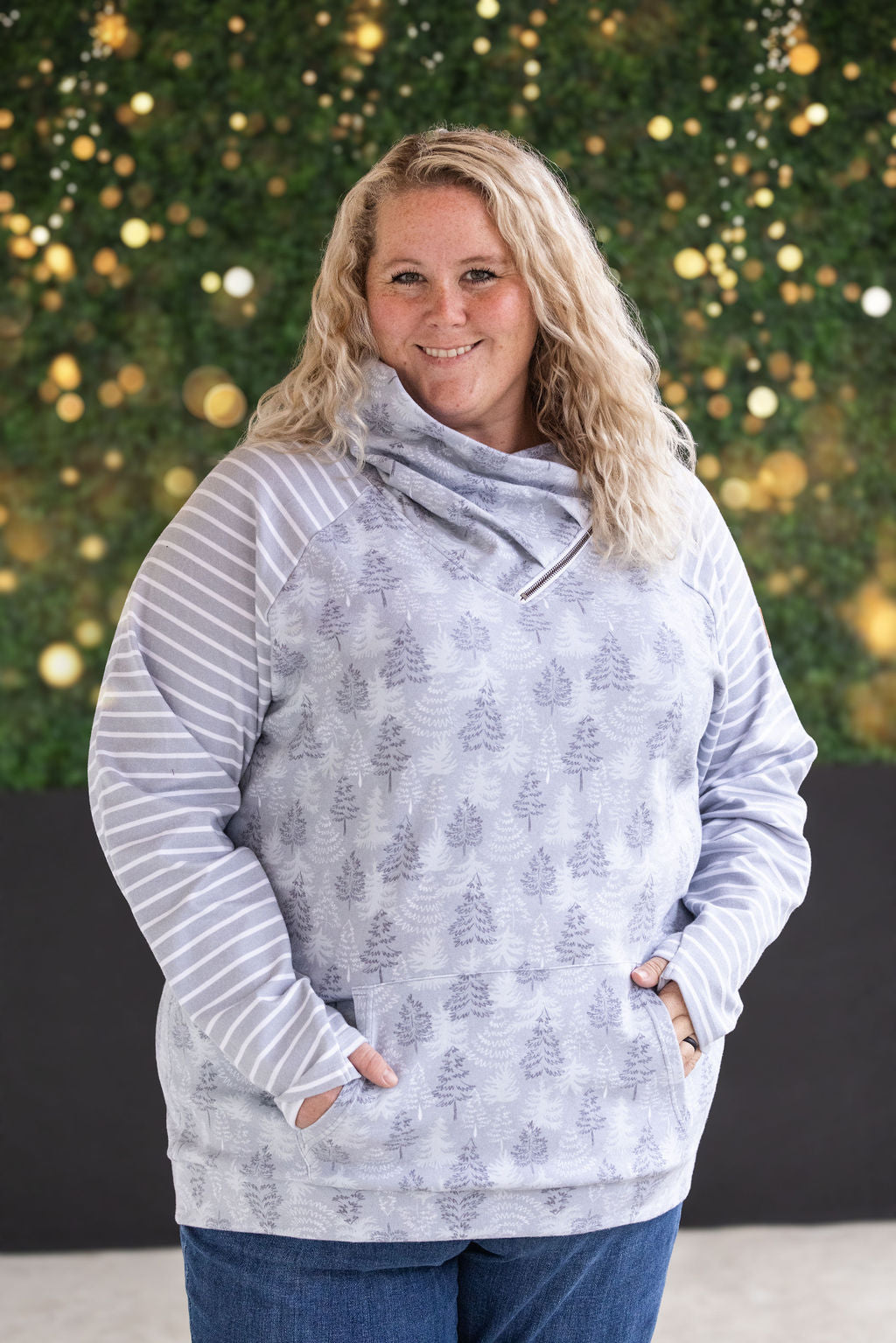 Classic Zoey ZipCowl Sweatshirt - Grey Trees and Stripes-Pullover- Corner Stone Spa and Salon Boutique in Stoughton, Wisconsin