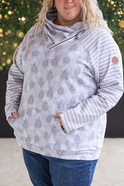 Classic Zoey ZipCowl Sweatshirt - Grey Trees and Stripes-Pullover- Corner Stone Spa and Salon Boutique in Stoughton, Wisconsin