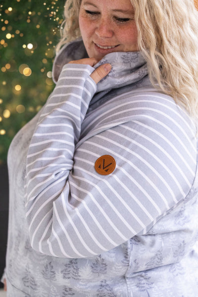 Classic Zoey ZipCowl Sweatshirt - Grey Trees and Stripes-Pullover- Corner Stone Spa and Salon Boutique in Stoughton, Wisconsin