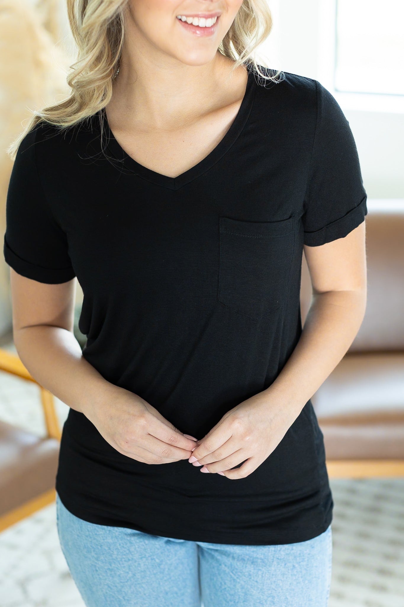 Sophie Pocket Tee - Black|Corner Stone Spa Boutique-Shirts- Corner Stone Spa and Salon Boutique in Stoughton, Wisconsin