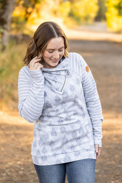 Classic Zoey ZipCowl Sweatshirt - Grey Trees and Stripes-Pullover- Corner Stone Spa and Salon Boutique in Stoughton, Wisconsin