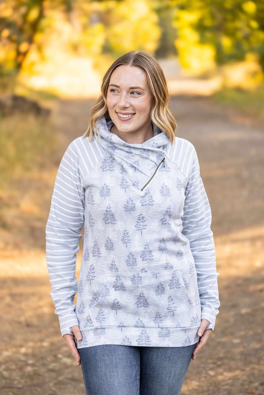 Classic Zoey ZipCowl Sweatshirt - Grey Trees and Stripes-Pullover- Corner Stone Spa and Salon Boutique in Stoughton, Wisconsin