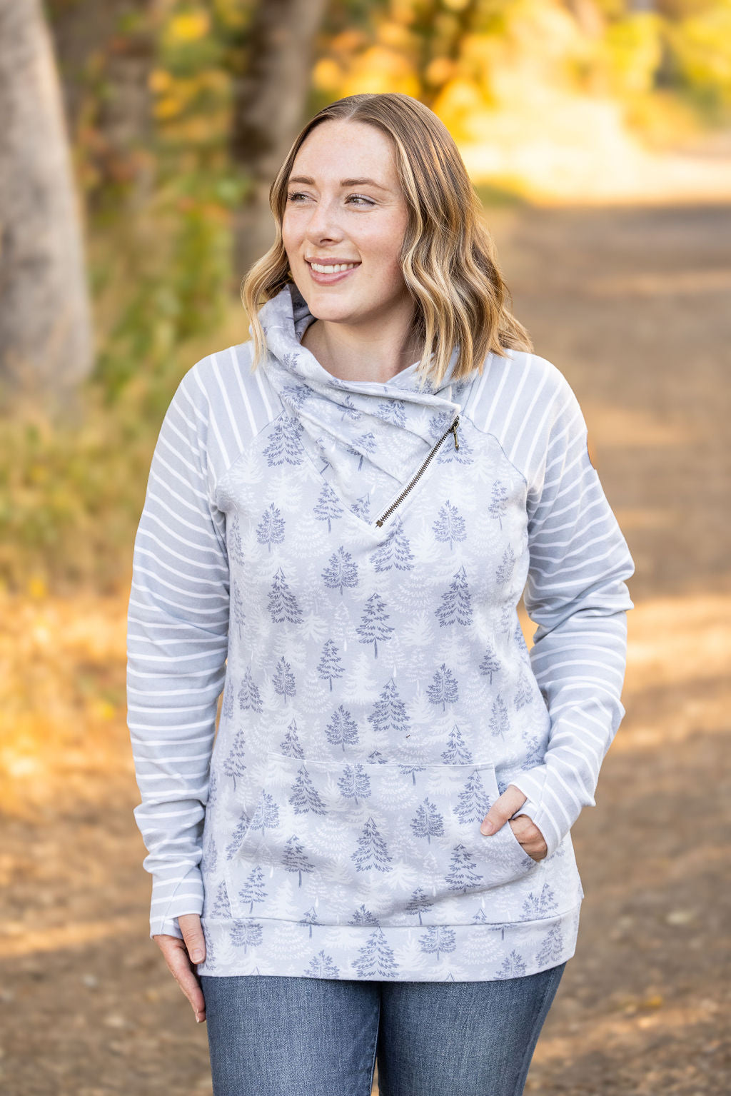 Classic Zoey ZipCowl Sweatshirt - Grey Trees and Stripes-Pullover- Corner Stone Spa and Salon Boutique in Stoughton, Wisconsin