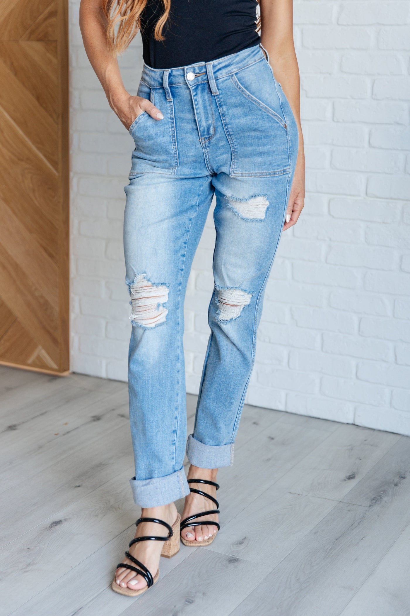 Aiden High Rise Patch Pocket Distressed Boyfriend Jeans|Corner Stone Spa Boutique-Womens- Corner Stone Spa and Salon Boutique in Stoughton, Wisconsin