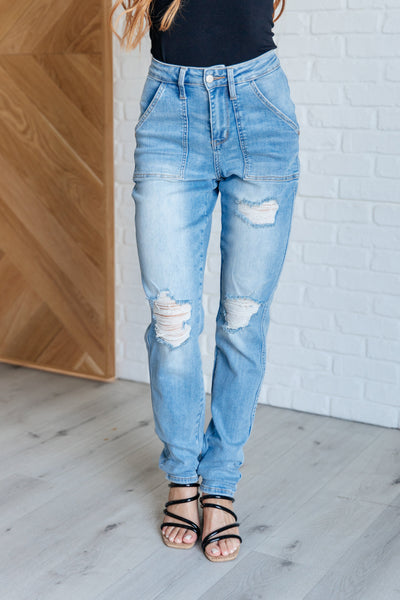 Aiden High Rise Patch Pocket Distressed Boyfriend Jeans|Corner Stone Spa Boutique-Womens- Corner Stone Spa and Salon Boutique in Stoughton, Wisconsin