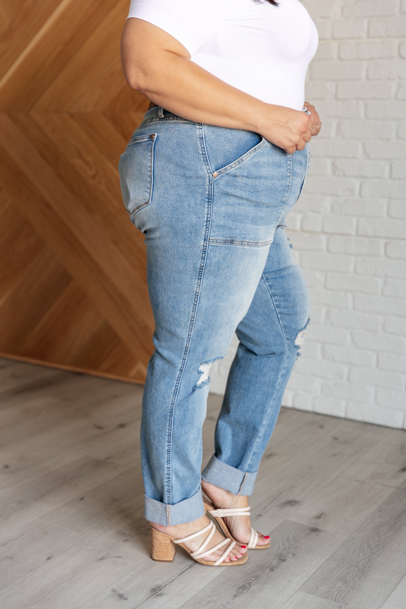 Aiden High Rise Patch Pocket Distressed Boyfriend Jeans|Corner Stone Spa Boutique-Womens- Corner Stone Spa and Salon Boutique in Stoughton, Wisconsin