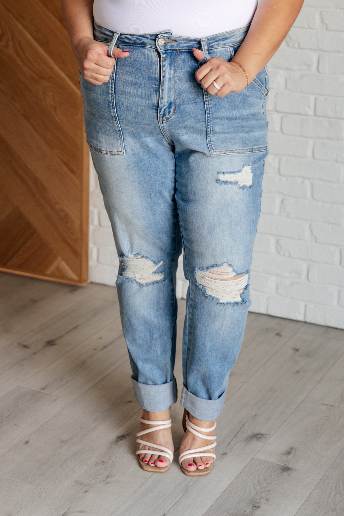 Aiden High Rise Patch Pocket Distressed Boyfriend Jeans|Corner Stone Spa Boutique-Womens- Corner Stone Spa and Salon Boutique in Stoughton, Wisconsin