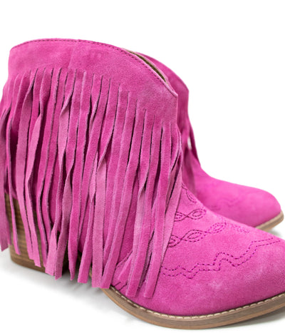 Amos Fringe Ankle Bootie in Magenta Suede|Corner Stone Spa Boutique-Shoes- Corner Stone Spa and Salon Boutique in Stoughton, Wisconsin