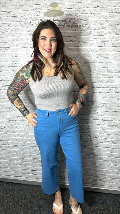 Lisa High Rise Control Top Wide Leg Crop Jeans in Sky Blue|Corner Stone Spa Boutique-Denim- Corner Stone Spa and Salon Boutique in Stoughton, Wisconsin