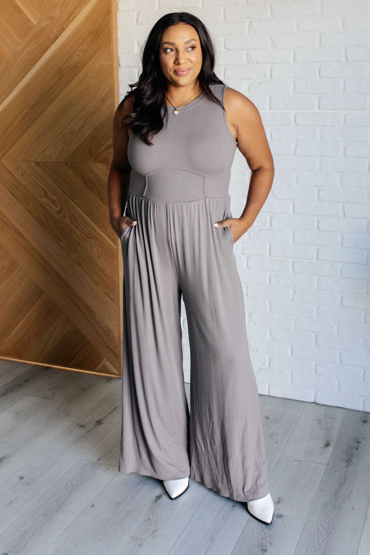 Hilary Wide Leg Jumpsuit in Grey|Corner Stone Spa Boutique-Jumpsuits & Rompers- Corner Stone Spa and Salon Boutique in Stoughton, Wisconsin