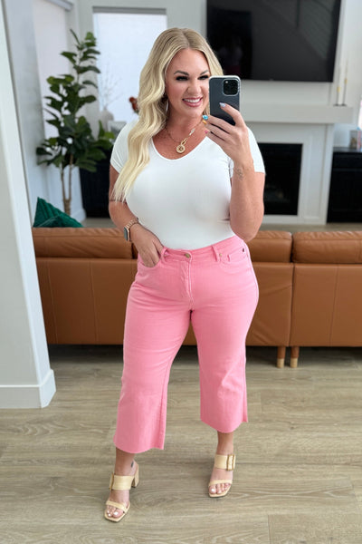 Lisa High Rise Control Top Wide Leg Crop Jeans in Pink|Corner Stone Spa Boutique-Denim- Corner Stone Spa and Salon Boutique in Stoughton, Wisconsin