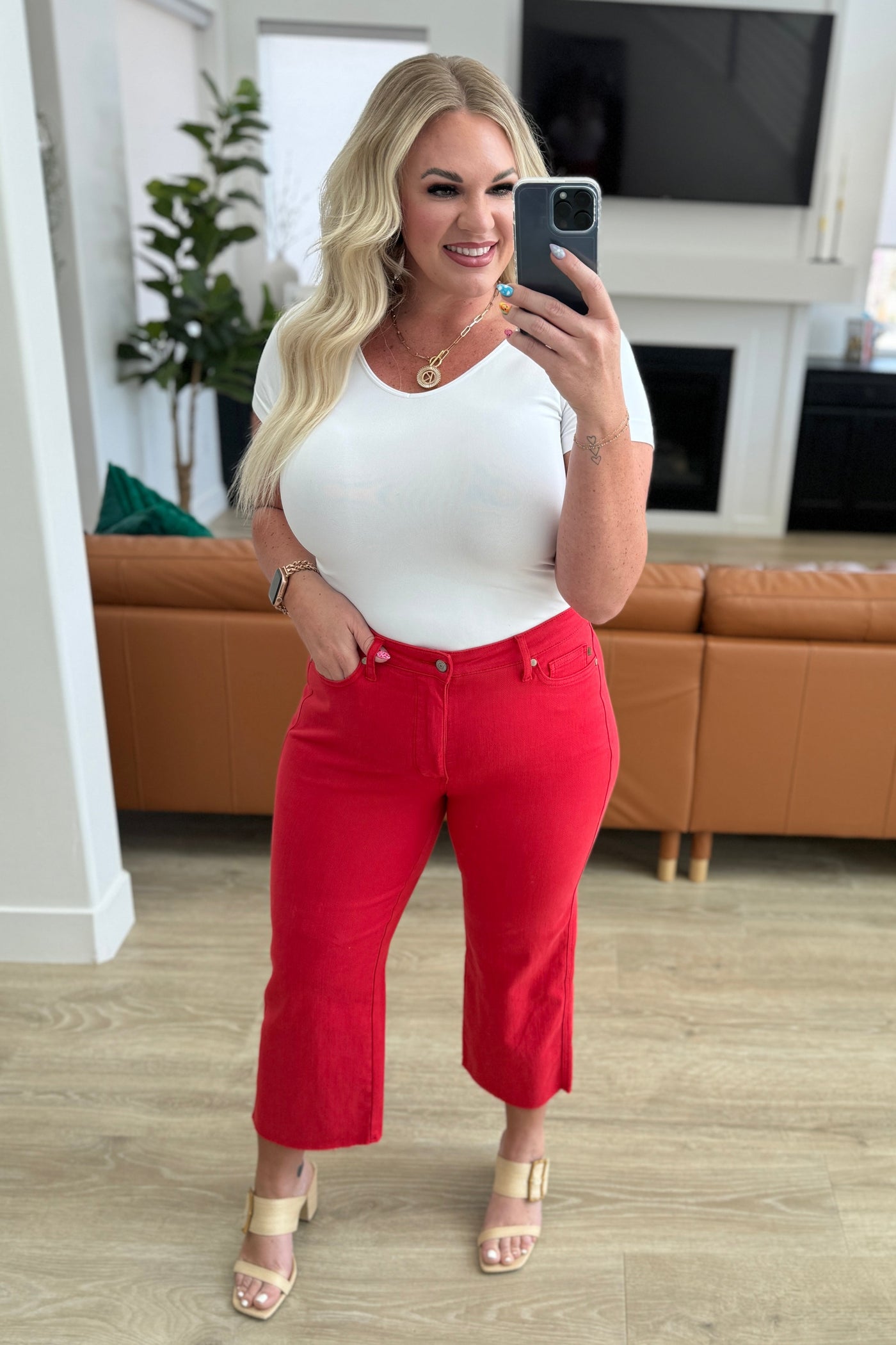 Lisa High Rise Control Top Wide Leg Crop Jeans in Red|Corner Stone Spa Boutique-Denim- Corner Stone Spa and Salon Boutique in Stoughton, Wisconsin