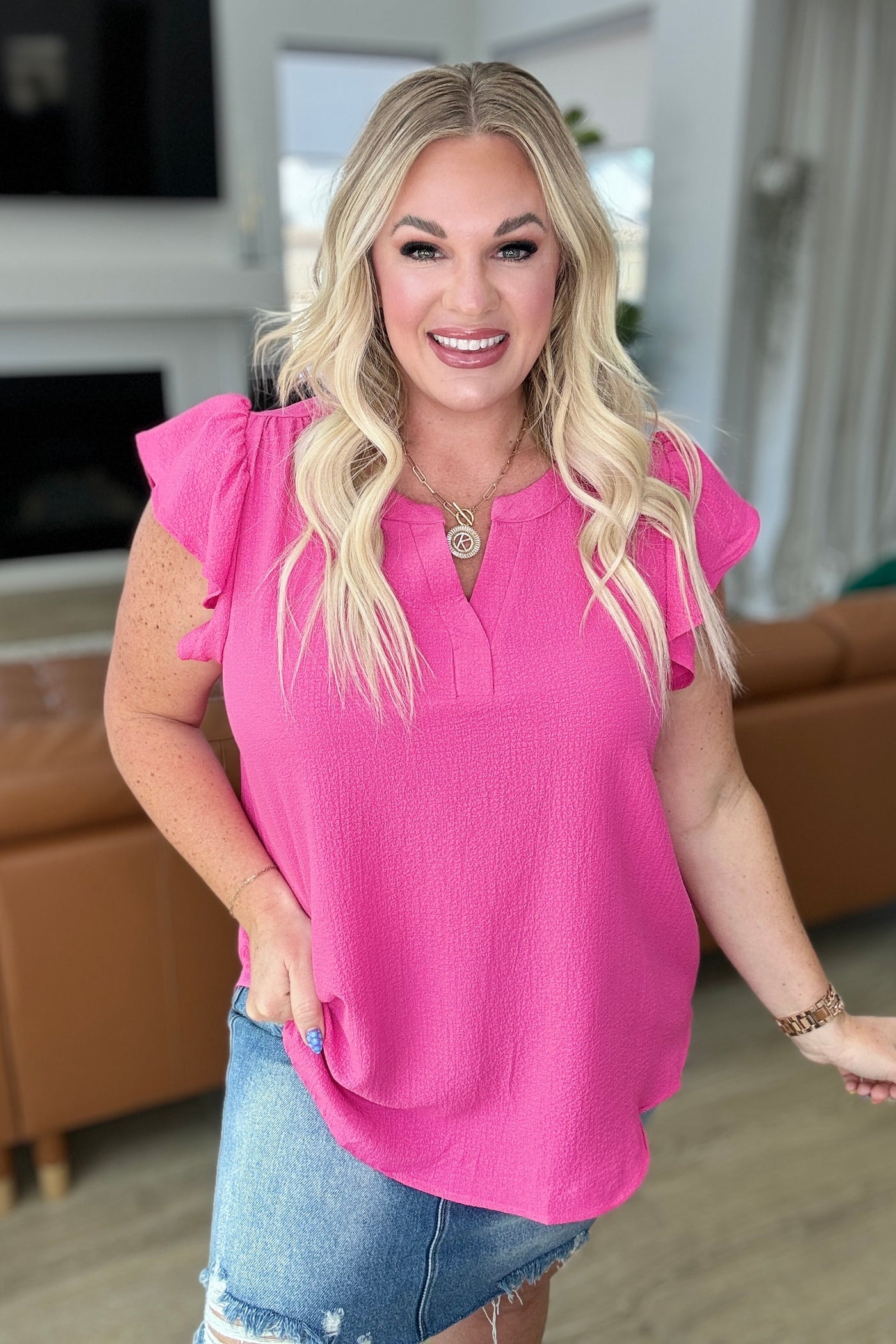 Crinkle Split Neckline Flutter Sleeve Top in Hot Pink |Corner Stone Spa Boutique-Tops- Corner Stone Spa and Salon Boutique in Stoughton, Wisconsin