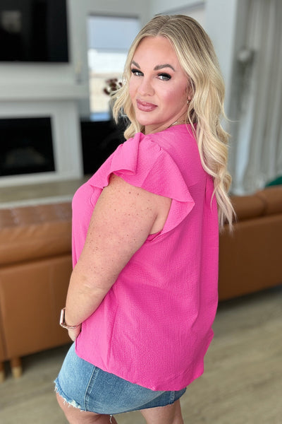 Crinkle Split Neckline Flutter Sleeve Top in Hot Pink |Corner Stone Spa Boutique-Tops- Corner Stone Spa and Salon Boutique in Stoughton, Wisconsin