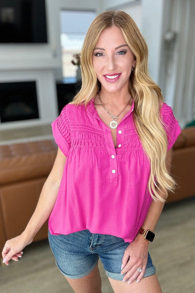 Pleat Detail Button Up Blouse in Hot Pink |Corner Stone Spa Boutique-Tops- Corner Stone Spa and Salon Boutique in Stoughton, Wisconsin