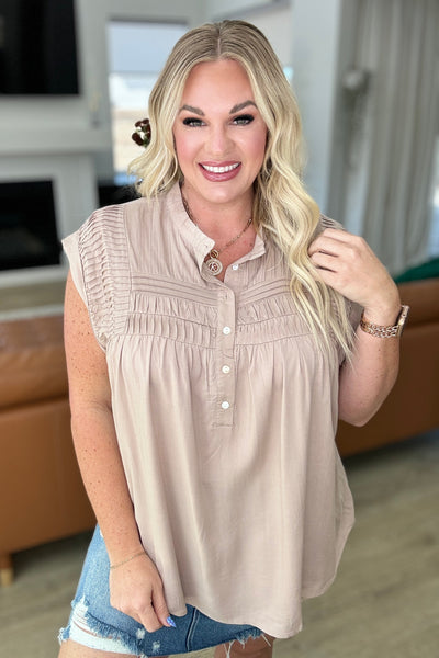 Pleat Detail Button Up Blouse in Taupe|Corner Stone Spa Boutique-Tops- Corner Stone Spa and Salon Boutique in Stoughton, Wisconsin