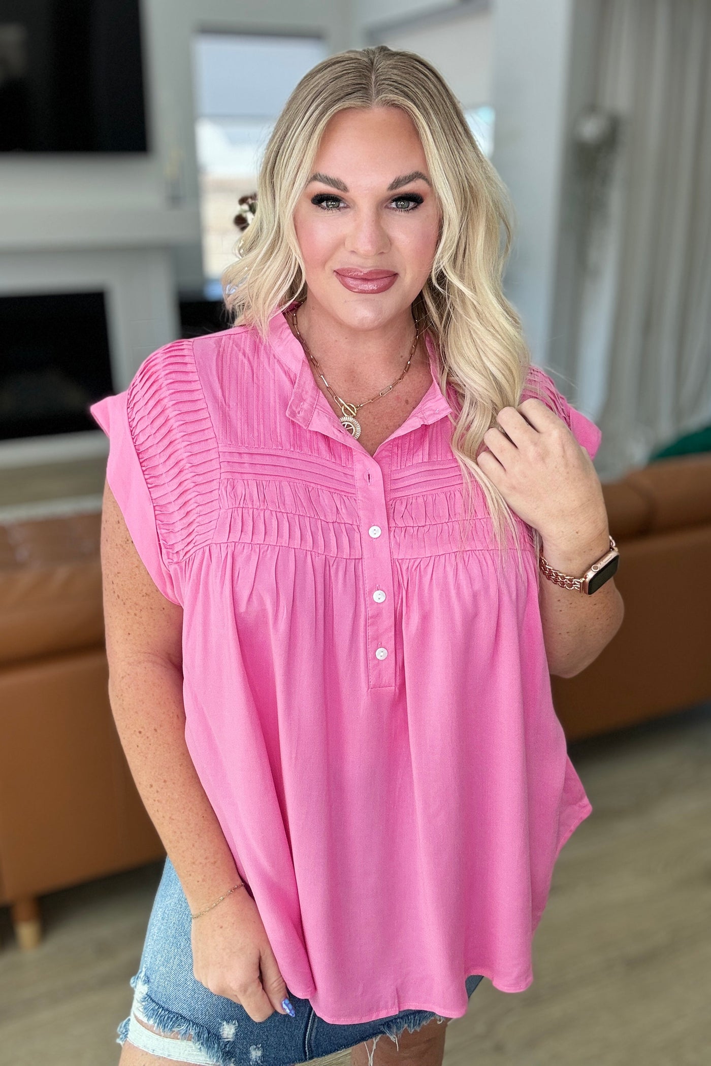 Pleat Detail Button Up Blouse in Pink Cosmos |Corner Stone Spa Boutique-Tops- Corner Stone Spa and Salon Boutique in Stoughton, Wisconsin