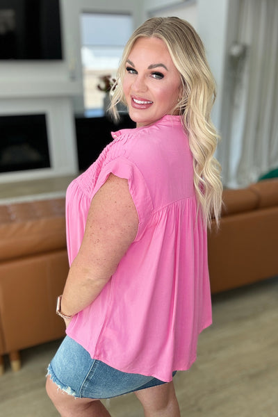 Pleat Detail Button Up Blouse in Pink Cosmos |Corner Stone Spa Boutique-Tops- Corner Stone Spa and Salon Boutique in Stoughton, Wisconsin