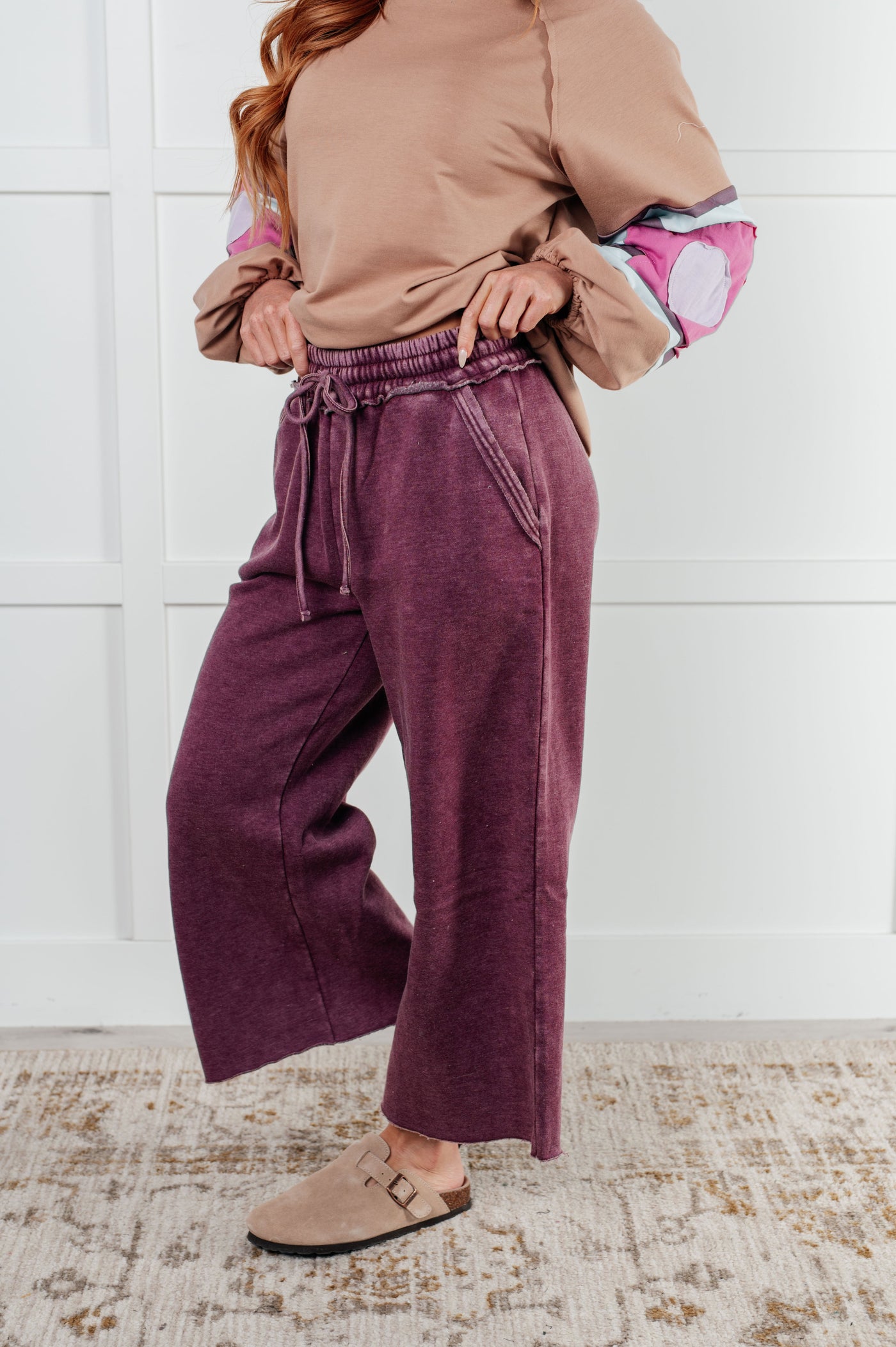 In or Out Wide Leg Cropped Pants in Eggplant|Corner Stone Spa Boutique-Athleisure- Corner Stone Spa and Salon Boutique in Stoughton, Wisconsin