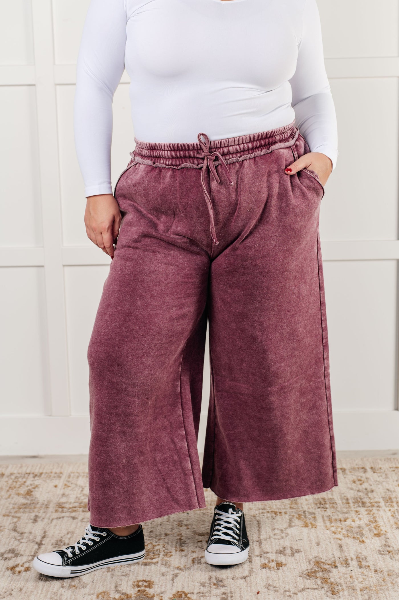 In or Out Wide Leg Cropped Pants in Eggplant|Corner Stone Spa Boutique-Athleisure- Corner Stone Spa and Salon Boutique in Stoughton, Wisconsin