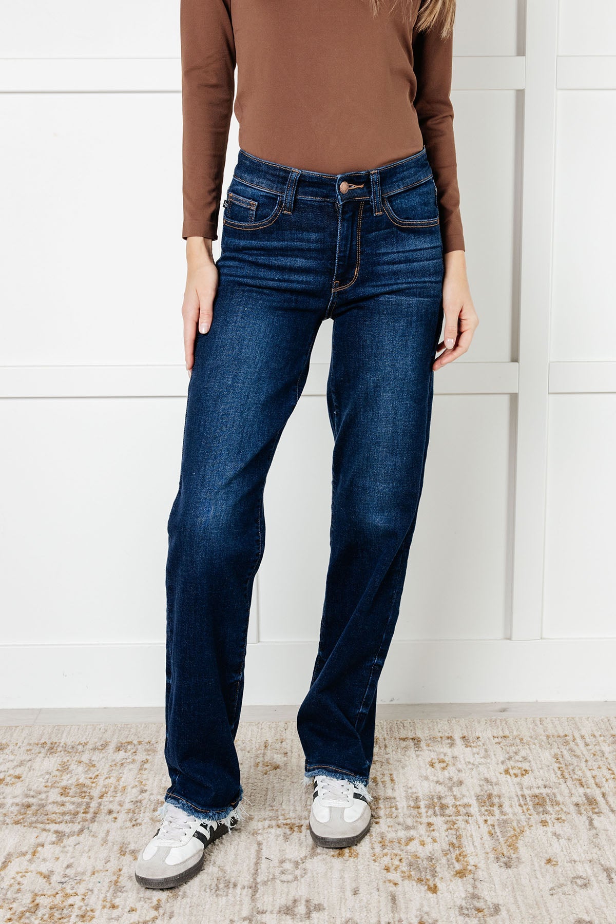 Jacqueline Mid Rise Frayed Hem Straight Leg Jean|Corner Stone Spa Boutique-Denim- Corner Stone Spa and Salon Boutique in Stoughton, Wisconsin