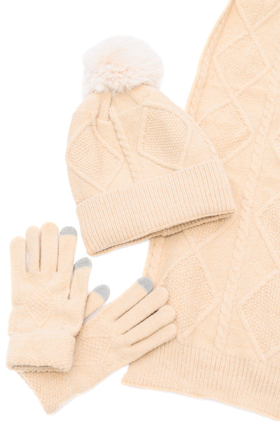 Jane Frost Beanie, Glove, and Scarf Set in Beige|Corner Stone Spa Boutique-Accessories- Corner Stone Spa and Salon Boutique in Stoughton, Wisconsin