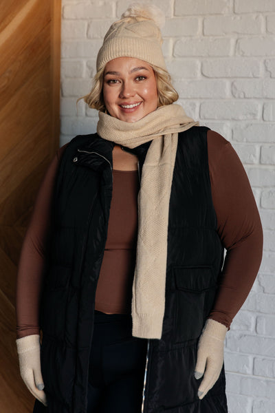 Jane Frost Beanie, Glove, and Scarf Set in Beige|Corner Stone Spa Boutique-Accessories- Corner Stone Spa and Salon Boutique in Stoughton, Wisconsin