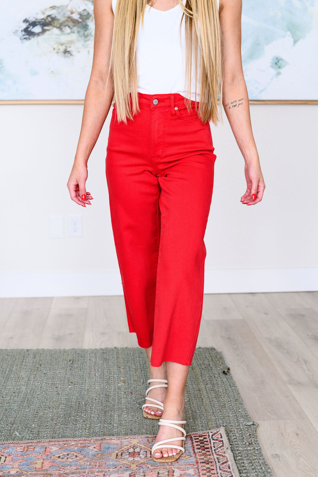 Lisa High Rise Control Top Wide Leg Crop Jeans in Red|Corner Stone Spa Boutique-Denim- Corner Stone Spa and Salon Boutique in Stoughton, Wisconsin