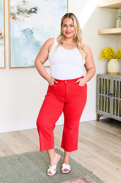 Lisa High Rise Control Top Wide Leg Crop Jeans in Red|Corner Stone Spa Boutique-Denim- Corner Stone Spa and Salon Boutique in Stoughton, Wisconsin