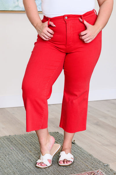 Lisa High Rise Control Top Wide Leg Crop Jeans in Red|Corner Stone Spa Boutique-Denim- Corner Stone Spa and Salon Boutique in Stoughton, Wisconsin