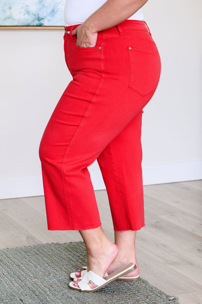 Lisa High Rise Control Top Wide Leg Crop Jeans in Red|Corner Stone Spa Boutique-Denim- Corner Stone Spa and Salon Boutique in Stoughton, Wisconsin