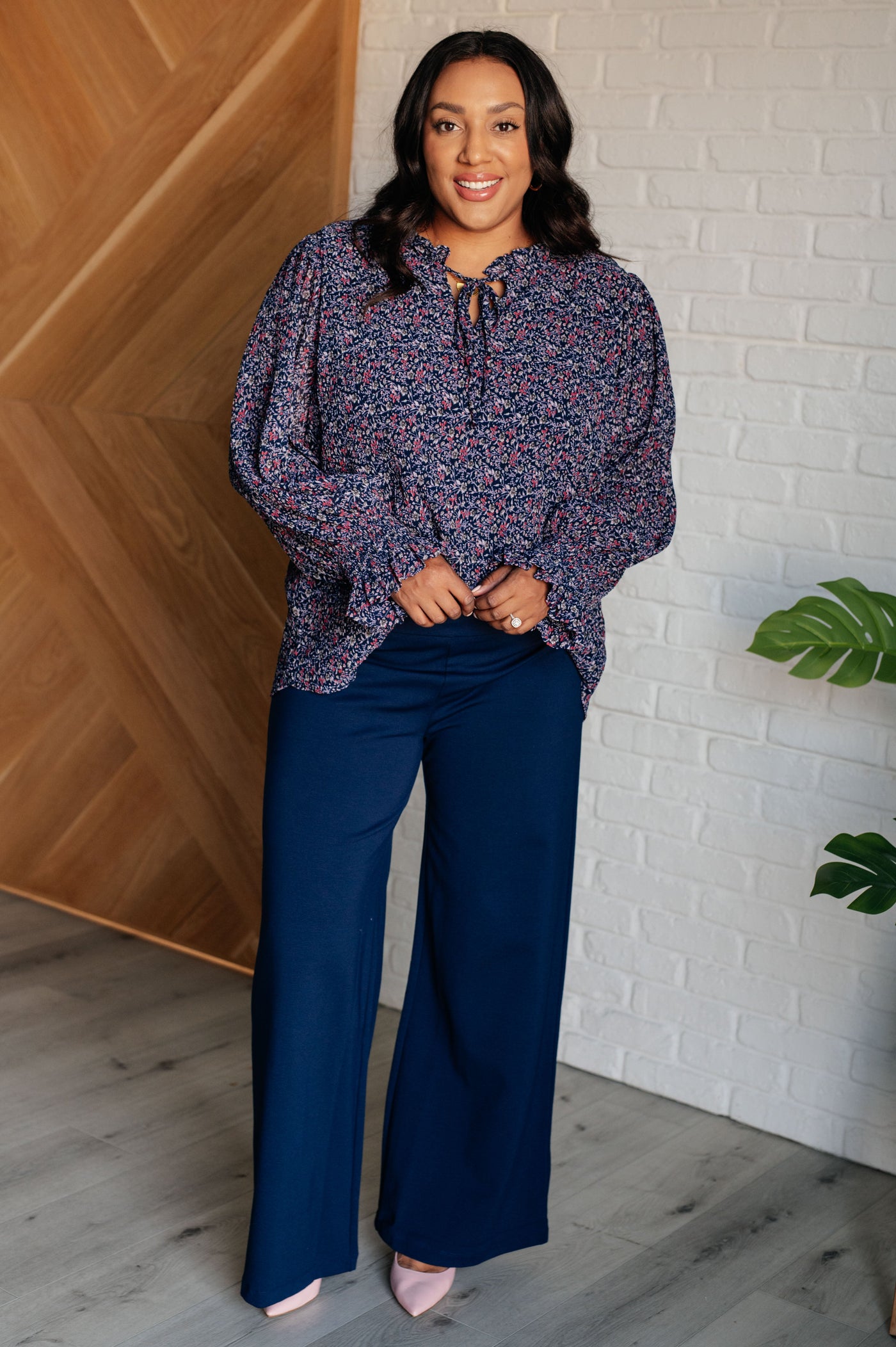 Lucid Dream Ruffle Neckline Blouse in Navy|Corner Stone Spa Boutique-Blouses- Corner Stone Spa and Salon Boutique in Stoughton, Wisconsin