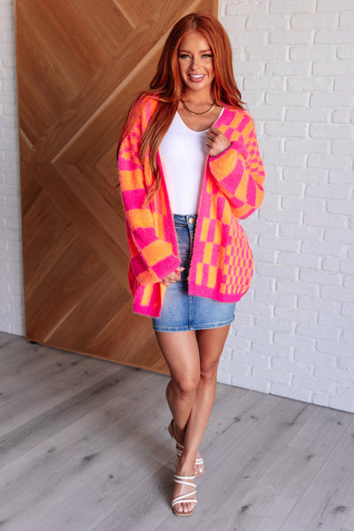 Noticed in Neon Checkered Cardigan in Pink and Orange|Corner Stone Spa Boutique-Womens- Corner Stone Spa and Salon Boutique in Stoughton, Wisconsin