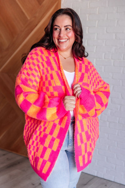 Noticed in Neon Checkered Cardigan in Pink and Orange|Corner Stone Spa Boutique-Womens- Corner Stone Spa and Salon Boutique in Stoughton, Wisconsin