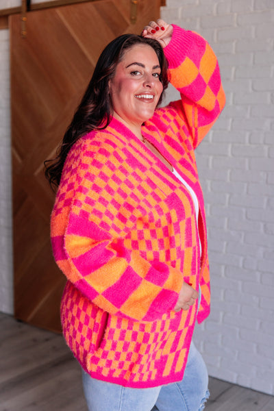 Noticed in Neon Checkered Cardigan in Pink and Orange|Corner Stone Spa Boutique-Womens- Corner Stone Spa and Salon Boutique in Stoughton, Wisconsin