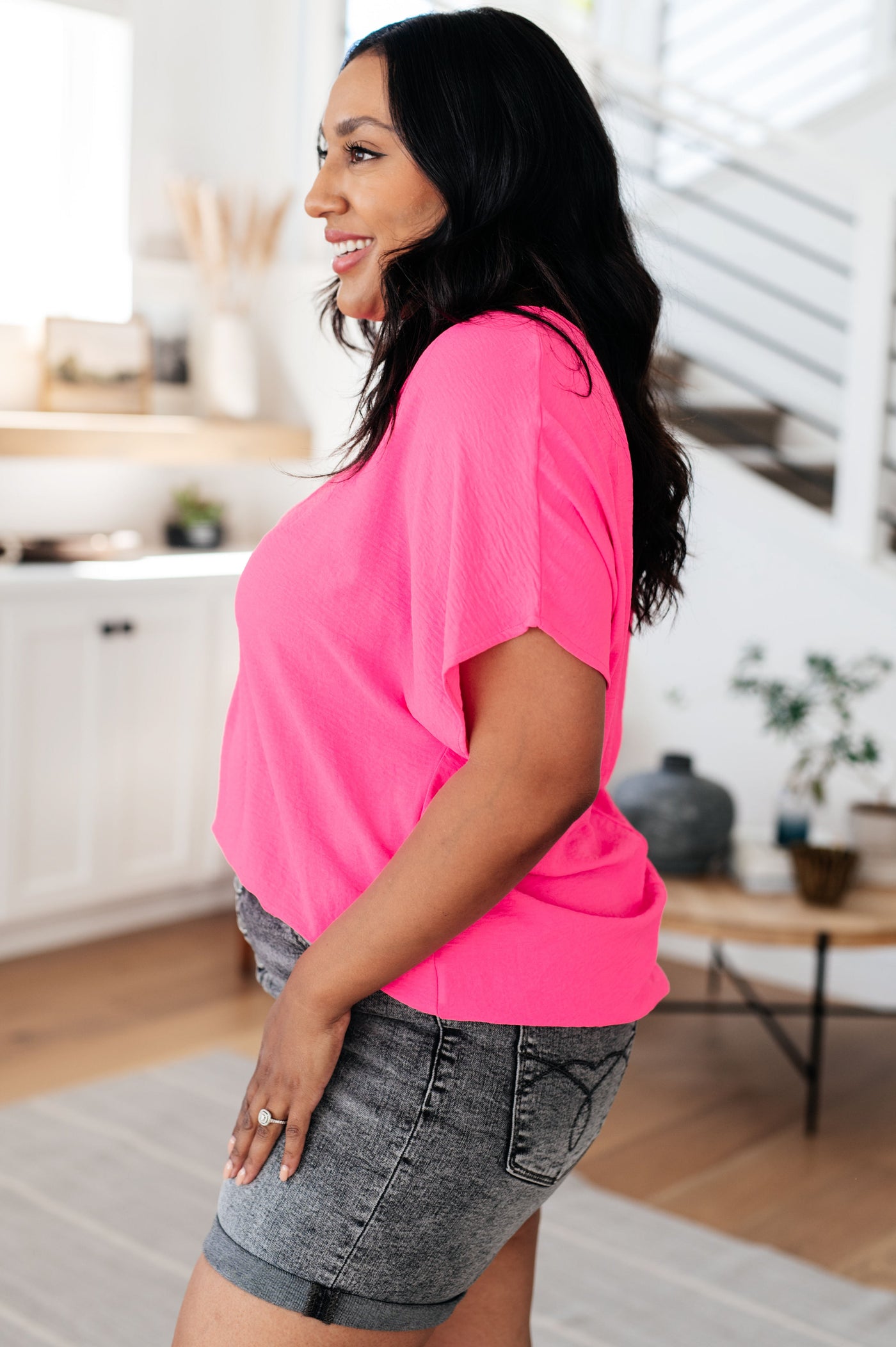 Passionately Pink V Neck Blouse-Tops- Corner Stone Spa and Salon Boutique in Stoughton, Wisconsin