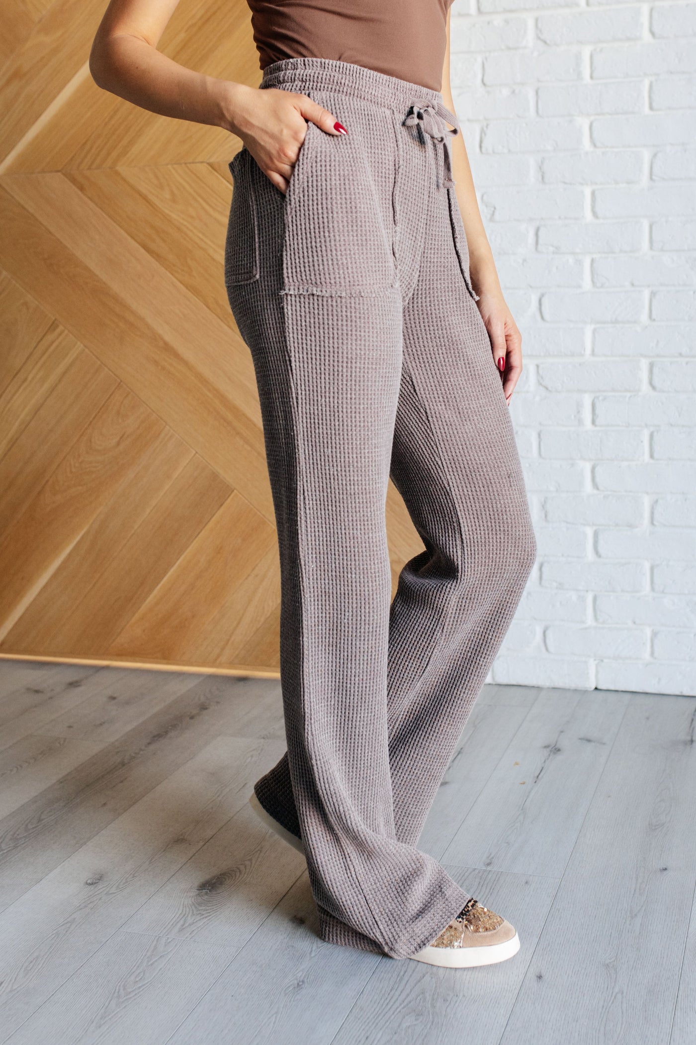 Set Process Mineral Wash Waffle Knit Pants in Brown|Corner Stone Spa Boutique-Athleisure- Corner Stone Spa and Salon Boutique in Stoughton, Wisconsin