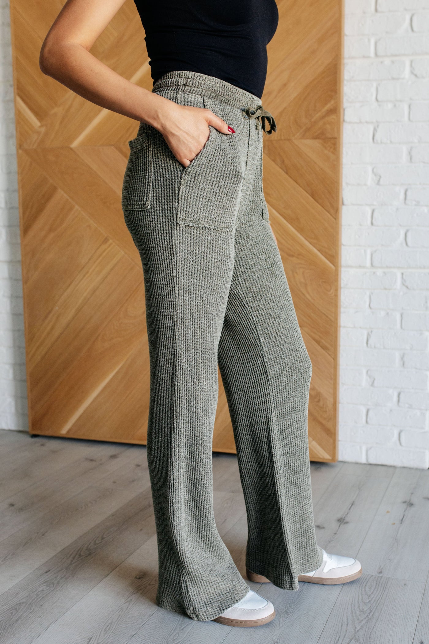 Set Process Mineral Wash Waffle Knit Pants in Olive|Corner Stone Spa Boutique-Athleisure- Corner Stone Spa and Salon Boutique in Stoughton, Wisconsin