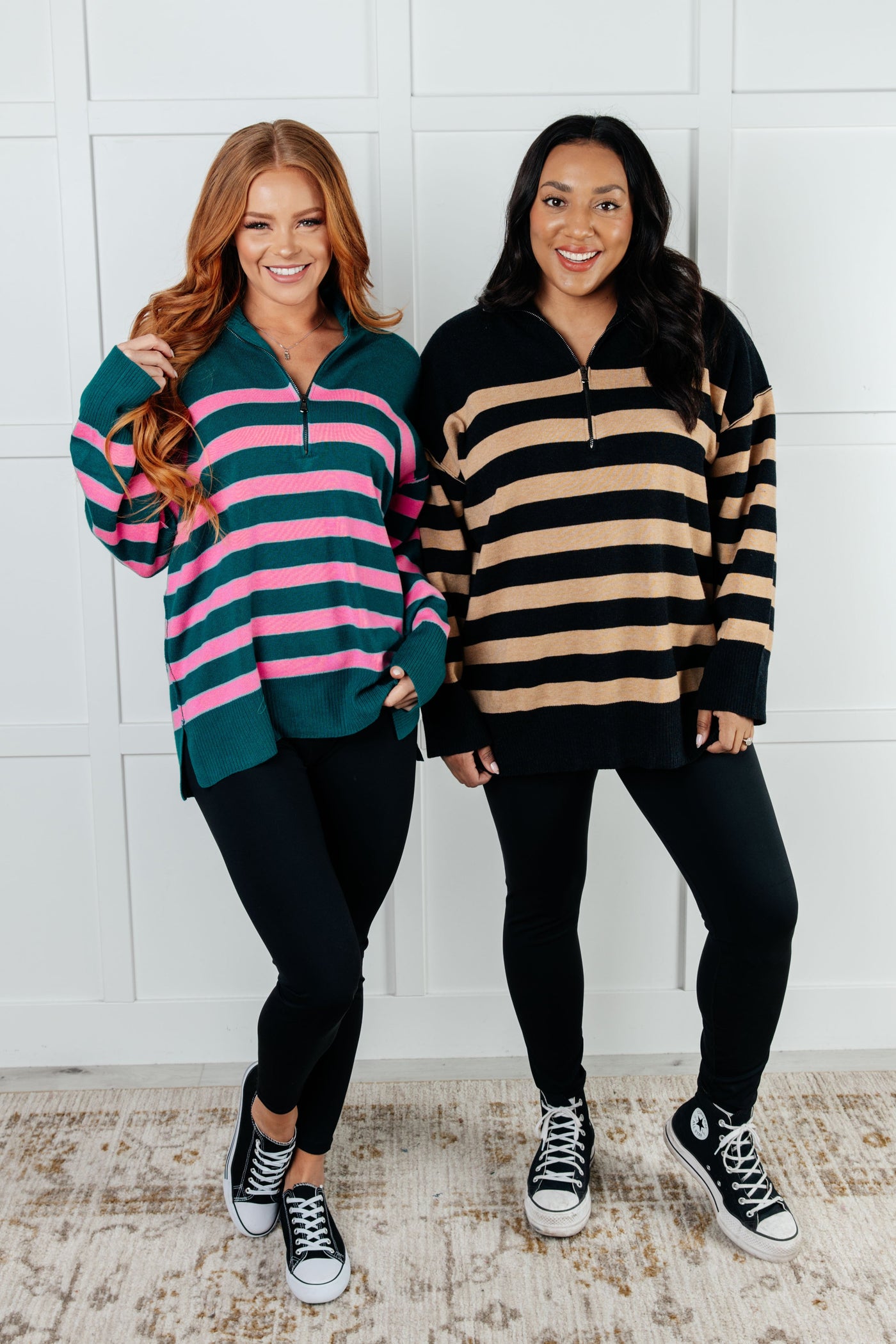 Well Situated Striped Quarter Zip Sweater in Green and Pink|Corner Stone Spa Boutique-Tops- Corner Stone Spa and Salon Boutique in Stoughton, Wisconsin