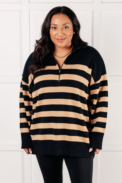 Well Situated Striped Quarter Zip Sweater in Black and Tan|Corner Stone Spa Boutique-Tops- Corner Stone Spa and Salon Boutique in Stoughton, Wisconsin