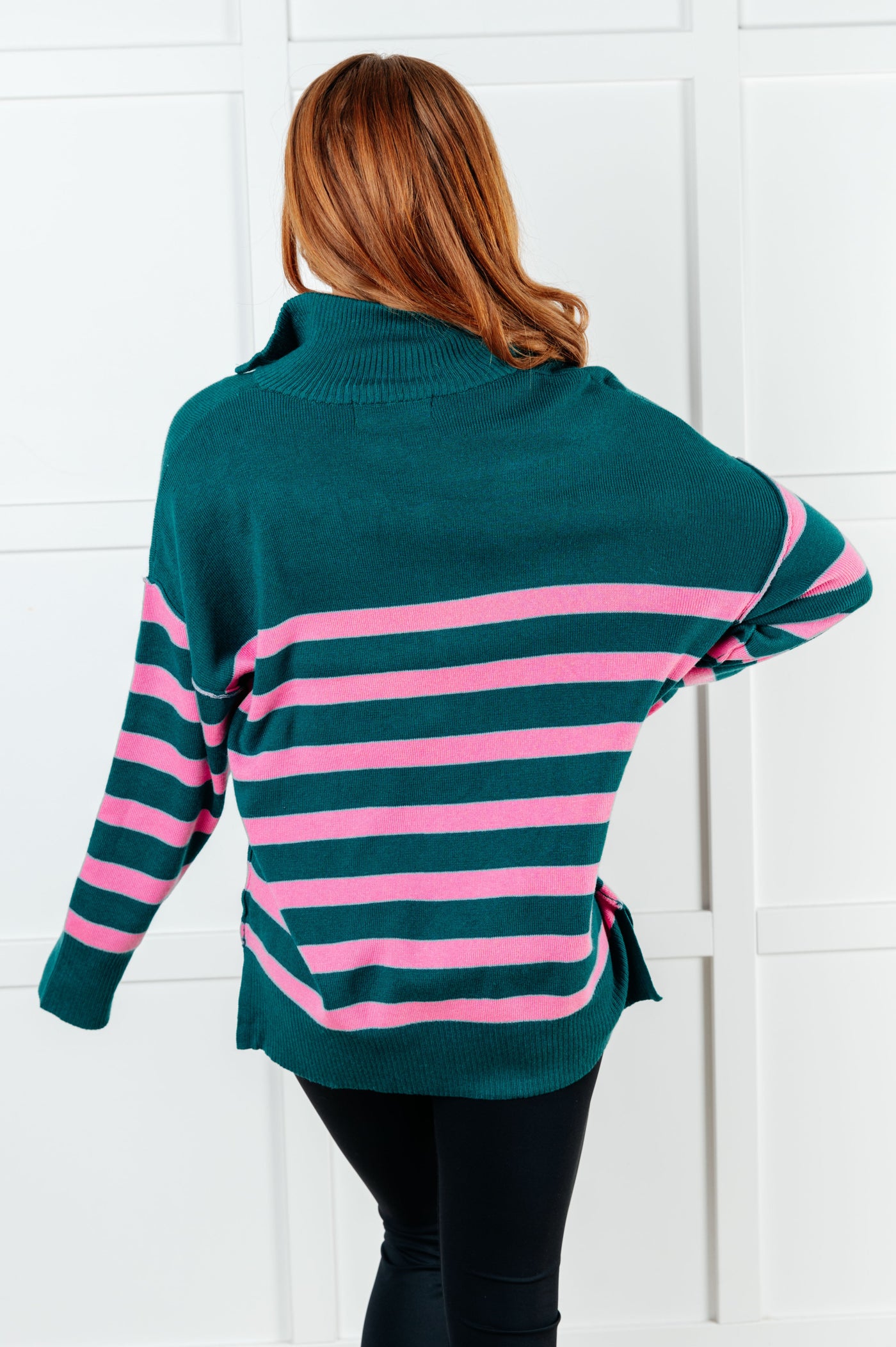 Well Situated Striped Quarter Zip Sweater in Green and Pink|Corner Stone Spa Boutique-Tops- Corner Stone Spa and Salon Boutique in Stoughton, Wisconsin