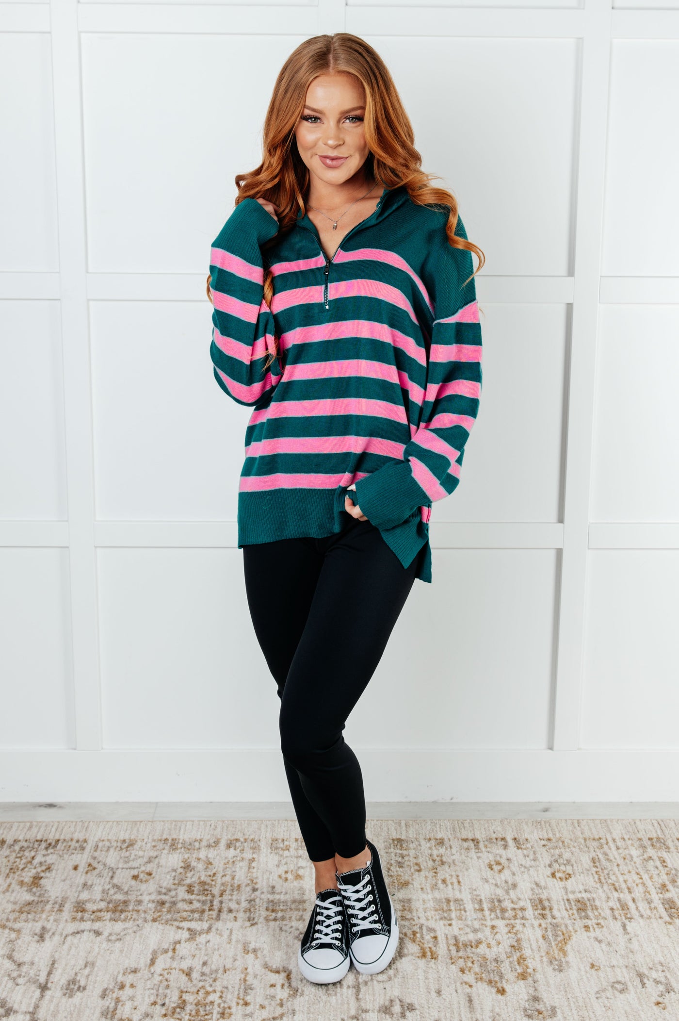 Well Situated Striped Quarter Zip Sweater in Green and Pink|Corner Stone Spa Boutique-Tops- Corner Stone Spa and Salon Boutique in Stoughton, Wisconsin