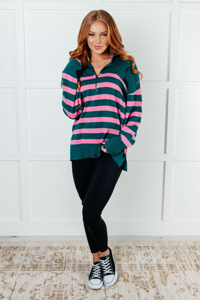 Well Situated Striped Quarter Zip Sweater in Green and Pink|Corner Stone Spa Boutique-Tops- Corner Stone Spa and Salon Boutique in Stoughton, Wisconsin