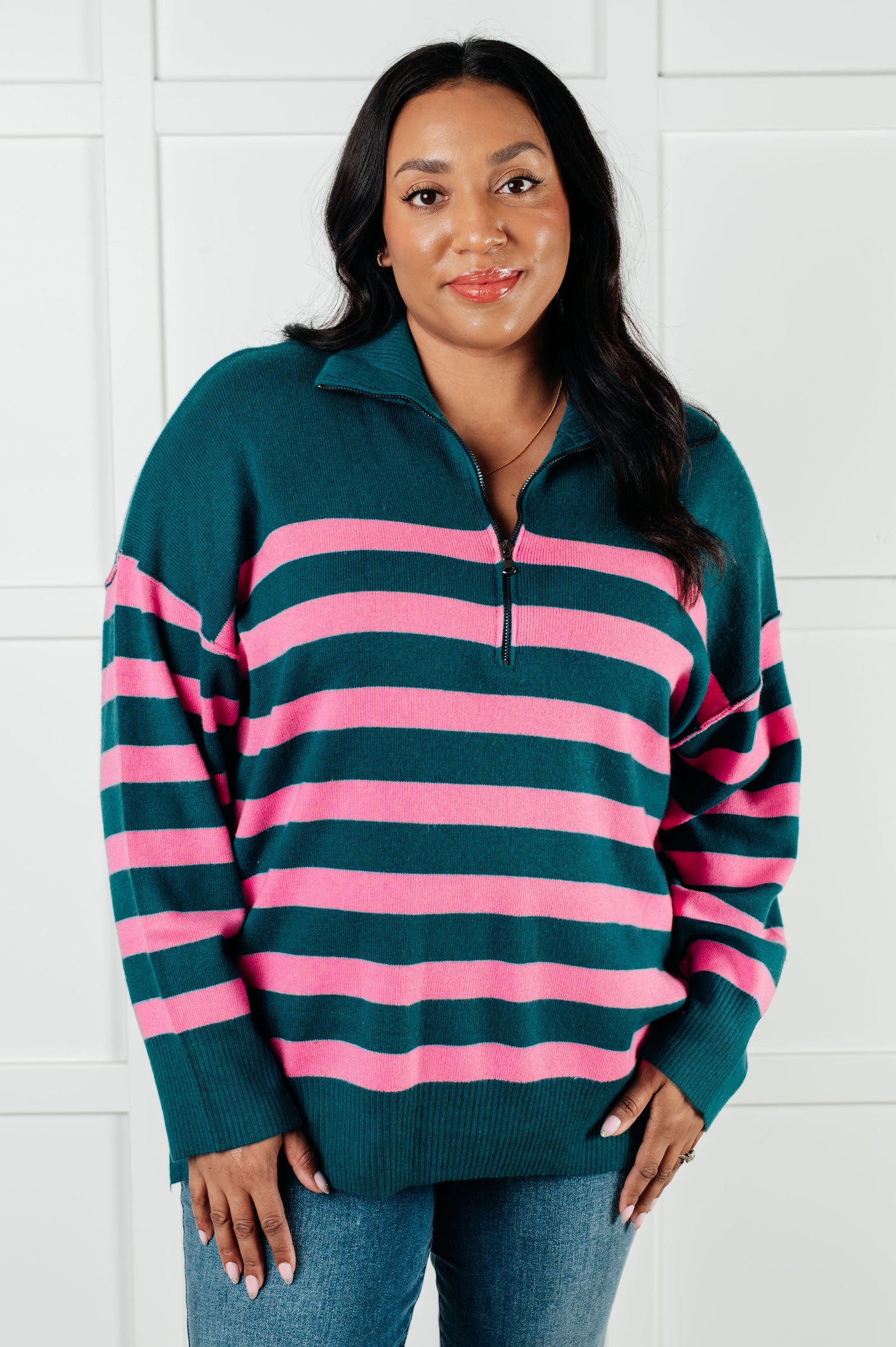 Well Situated Striped Quarter Zip Sweater in Green and Pink|Corner Stone Spa Boutique-Tops- Corner Stone Spa and Salon Boutique in Stoughton, Wisconsin