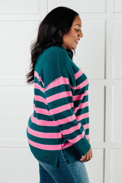 Well Situated Striped Quarter Zip Sweater in Green and Pink|Corner Stone Spa Boutique-Tops- Corner Stone Spa and Salon Boutique in Stoughton, Wisconsin