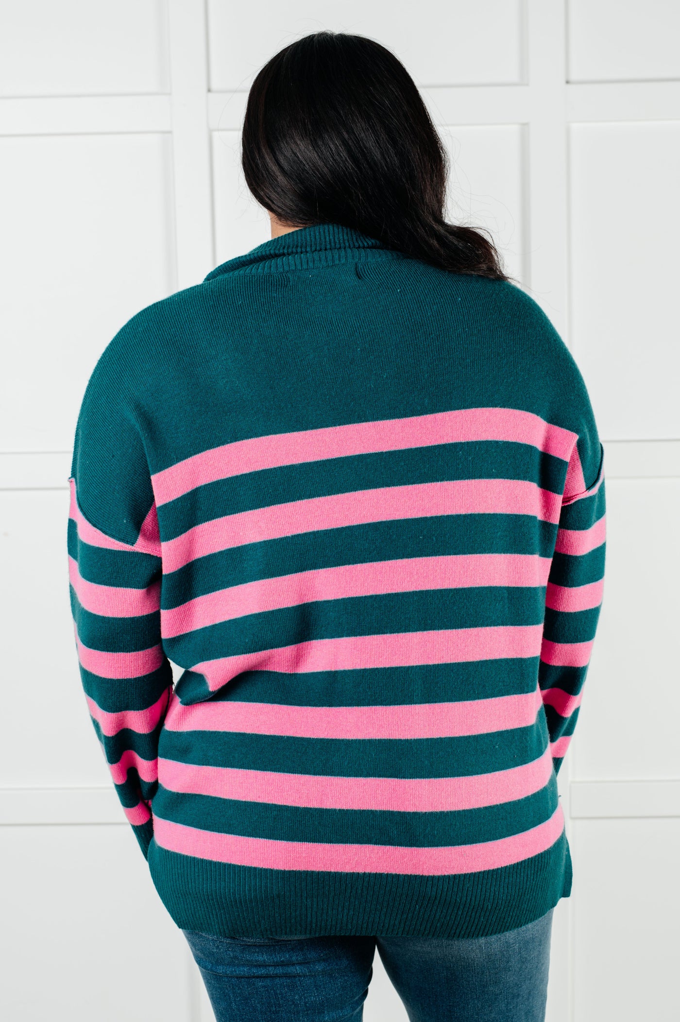 Well Situated Striped Quarter Zip Sweater in Green and Pink|Corner Stone Spa Boutique-Tops- Corner Stone Spa and Salon Boutique in Stoughton, Wisconsin