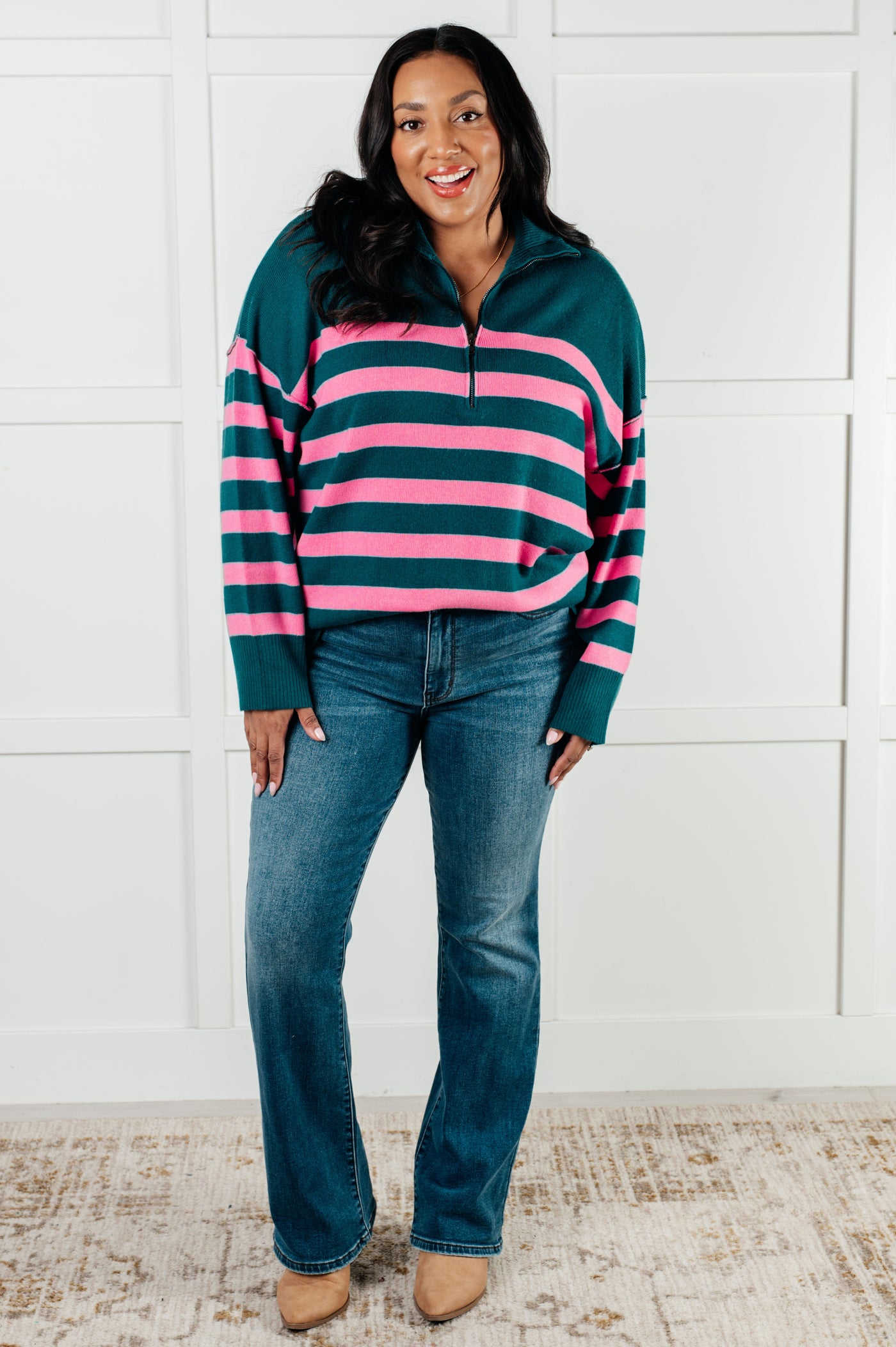 Well Situated Striped Quarter Zip Sweater in Green and Pink|Corner Stone Spa Boutique-Tops- Corner Stone Spa and Salon Boutique in Stoughton, Wisconsin