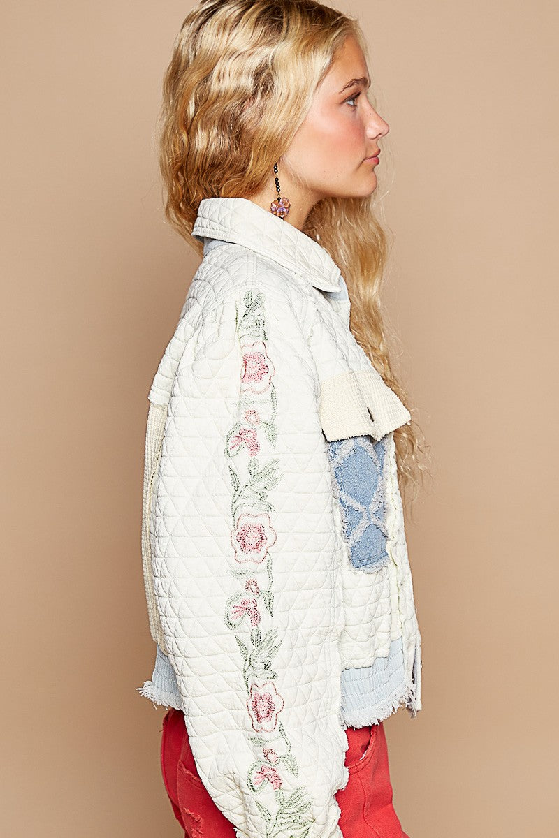 POL Embroidered Sleeve Raw Edge Quilted Jacket|Corner Stone Spa Boutique- Corner Stone Spa and Salon Boutique in Stoughton, Wisconsin